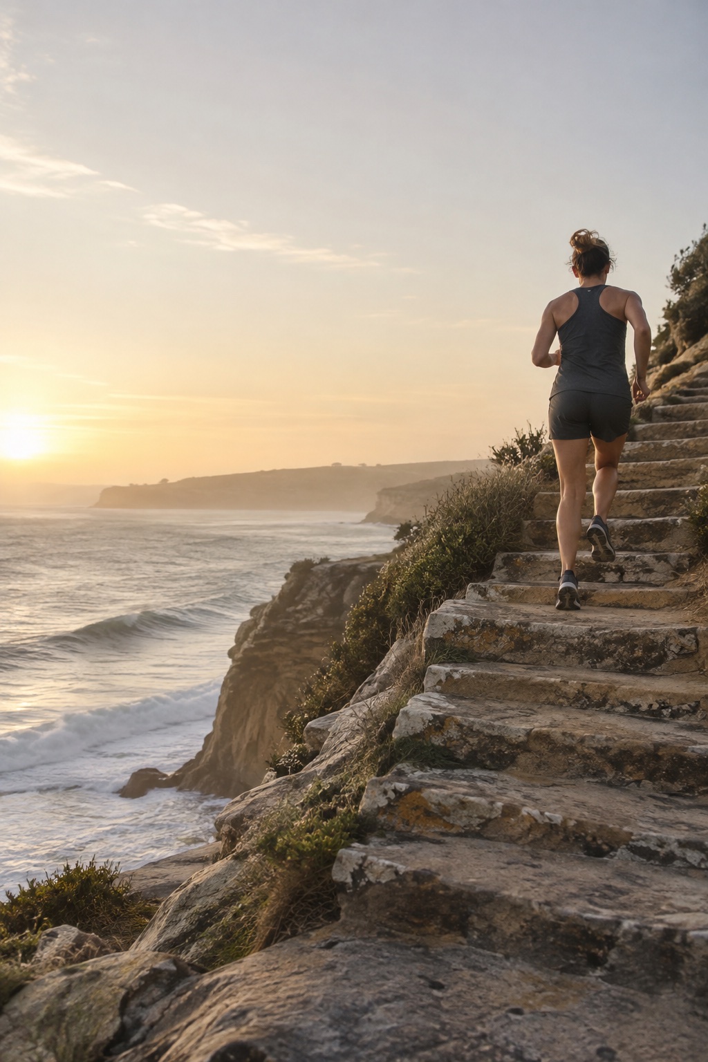 Illustrative image of a runner climbing coastal steps at dawn