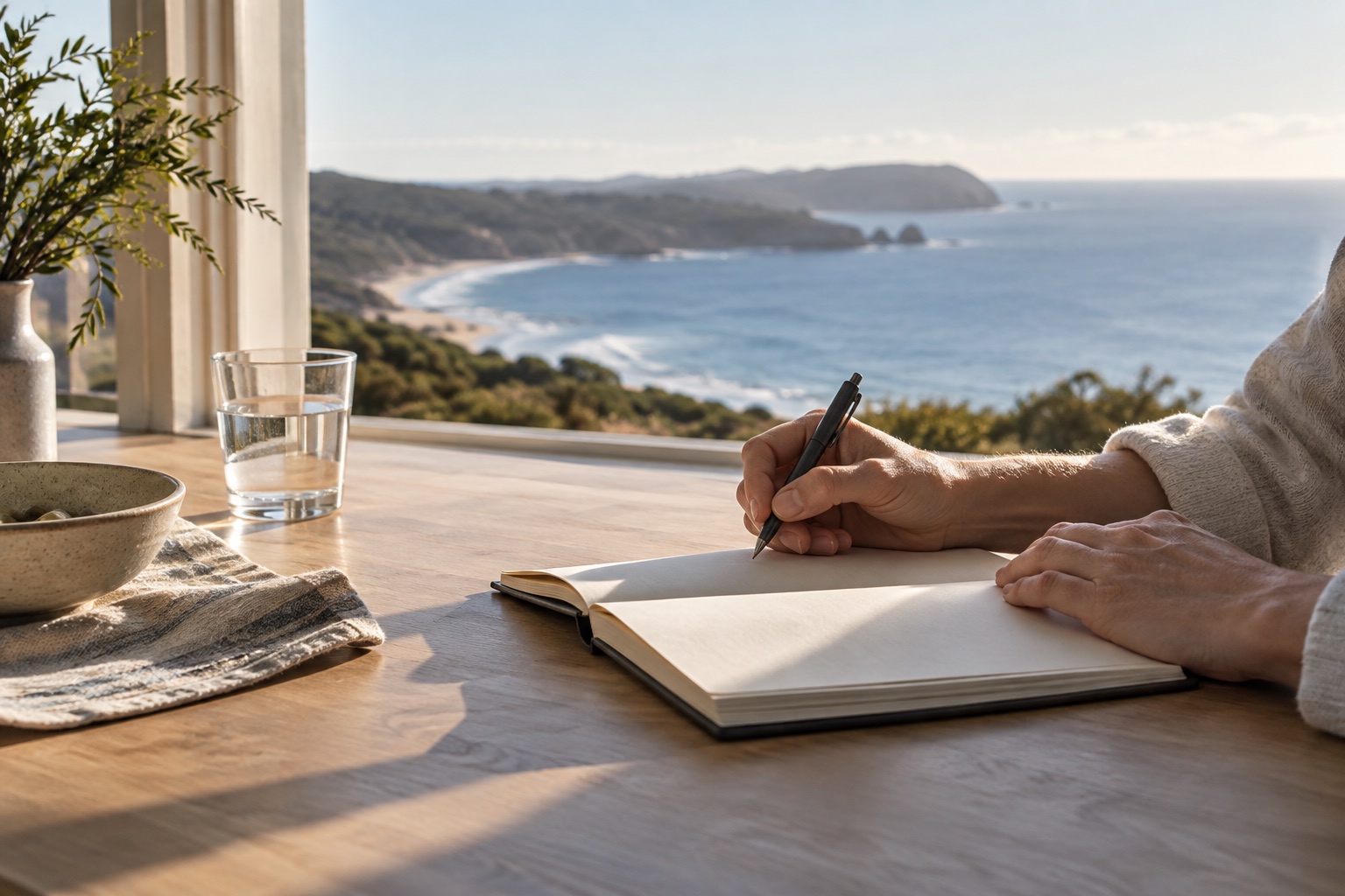 Illustrative image of a quiet morning journalling ritual by the coast